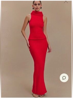 Meshki Red Maxi Skirt and Knit Top Set